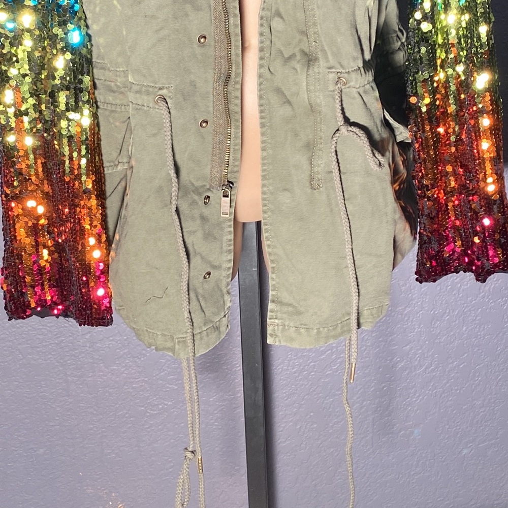 BARNEYS NY - NWT - jacket: olive green w rainbow sequined long sleeves - 42 / 8 - Picture 4 of 16